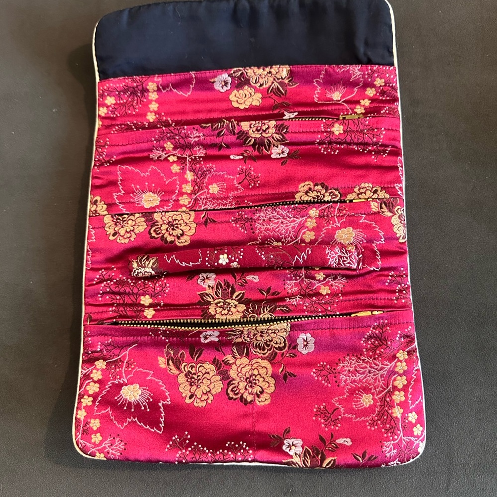Red and Black Quilted Jewelry Bag with Floral Design